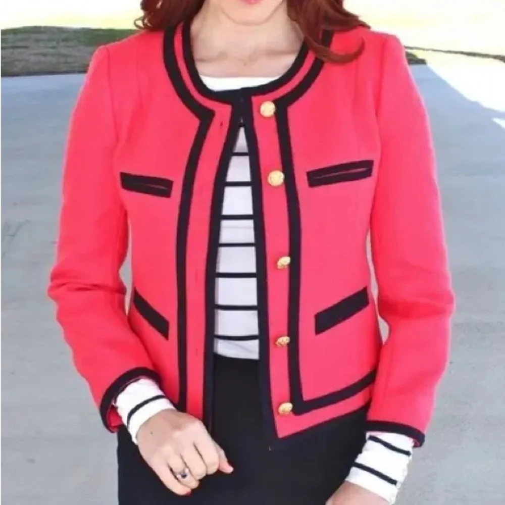 J. crew vintage 100% wool lady jacket colorblock pink gold button size 4